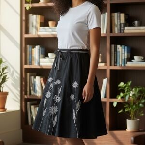 Embroidered Black Linen Blend Skirt with Floral Motif 4037